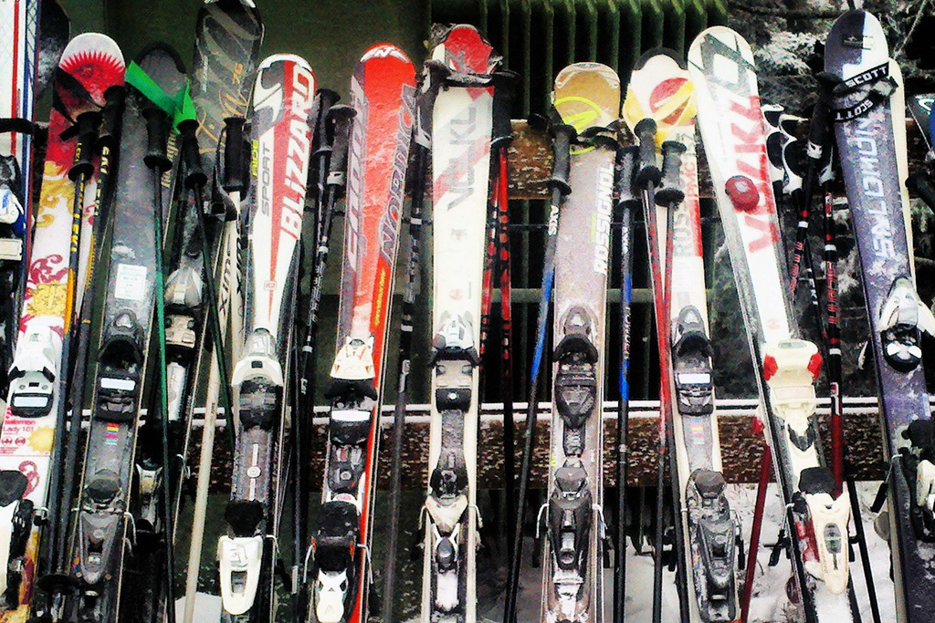 Skis stacked up in Killington, Vermont. 